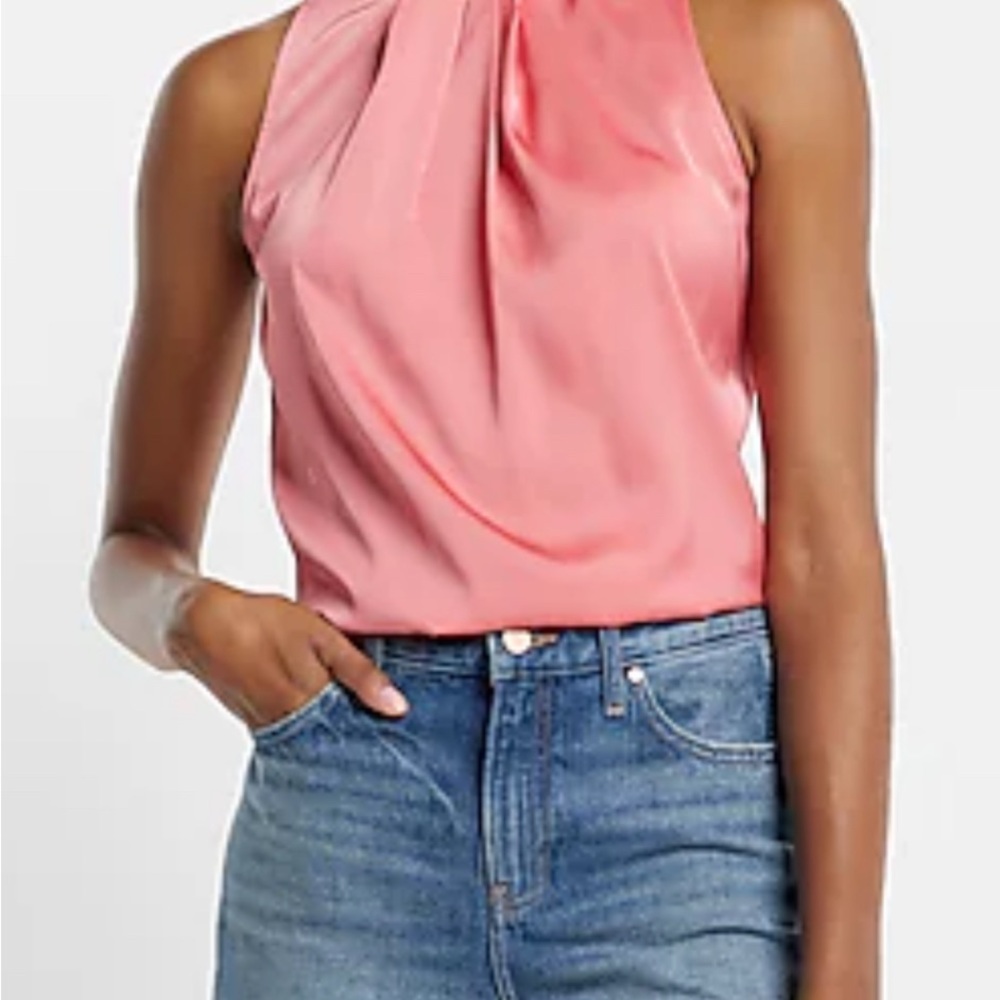Express Coral Satin Twist Halter Neck Tank